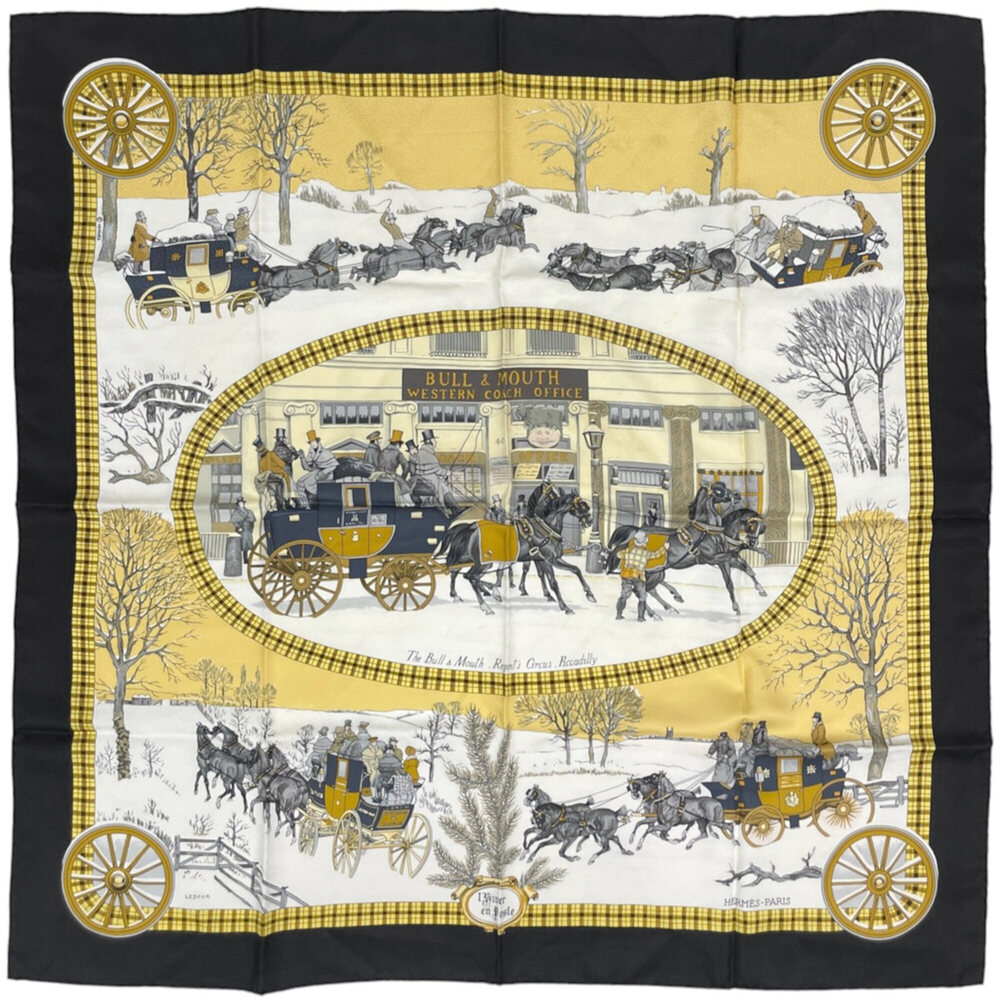 Hermes Carre 90 L’Hiver en Poste Scarf Muffler Winter Post Carriage Silk Blac...